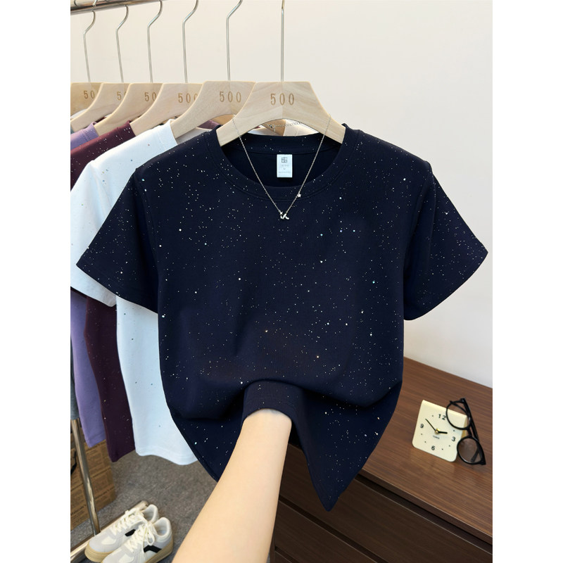 正肩满天星短袖t恤女夏季新款韩版时尚大码设计感圆领显瘦上衣潮