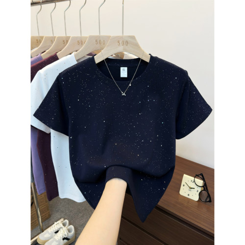 正肩满天星短袖t恤女夏季新款韩版时尚大码设计感圆领显瘦上衣潮