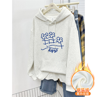 中长款 花朵印花宽松大码 上衣潮 韩版 白灰色加绒加厚连帽卫衣女冬季