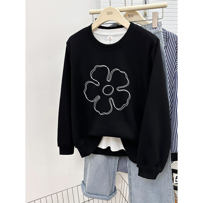 花朵印花圆领正肩卫衣女2025秋冬季加绒加厚无帽宽松大码长袖上衣