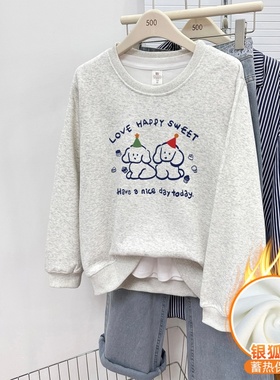 白灰色正肩加绒卫衣女冬款韩版设计感宽松百搭大码圆领套头衫上衣