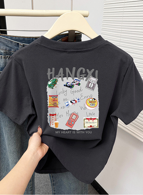 圆领短袖T恤女夏装2025年新款深灰色正肩设计感时尚前后印花显瘦