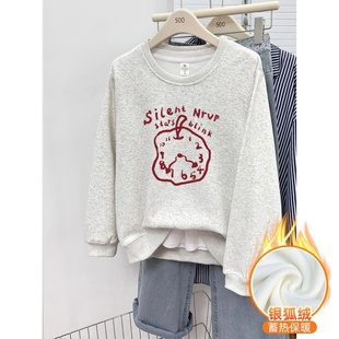 无帽圆领套头衫 宽松大码 上衣 韩版 白灰色加绒加厚正肩卫衣女秋冬季