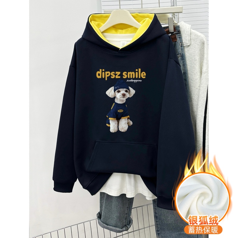 加绒加厚撞色套头卫衣女秋冬季宽松大码狗狗印花设计感连帽衫上衣