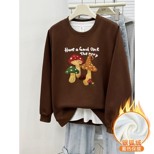 潮流设计感蘑菇印花宽松大码 秋冬季 上衣 复古正肩圆领卫衣女装 美式