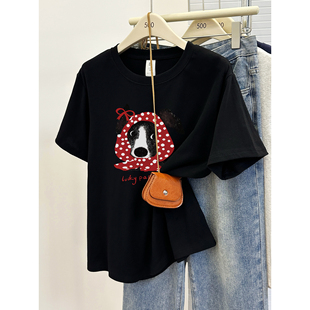 减龄狗狗印花圆领遮肉上衣 2025年新款 200斤正肩版 型胖mm显瘦夏季