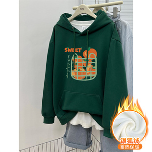 中长款 墨绿色加绒加厚连帽衫 宽松大码 爆款 上衣潮 套头卫衣女秋冬季