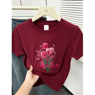 新款 夏季 百搭正肩显瘦圆领上衣 t恤女装 韩系洋气减龄印花设计小衫