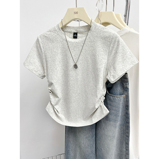 修身 新款 显瘦正肩上衣 T恤女2024夏季 洋气时髦设计感抽褶收腰短袖