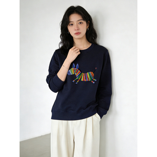 正肩圆领无帽卫衣女小马印花秋冬2026新款 胖mm显瘦慵懒风上衣 大码