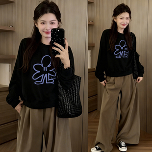 新款 休闲圆领加绒正肩卫衣女2025秋冬季 洋气宽松印花上衣 女装 大码