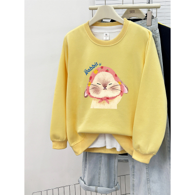 兔子印花圆领正肩无帽薄款卫衣女2025秋冬款宽松大码加厚长袖上衣