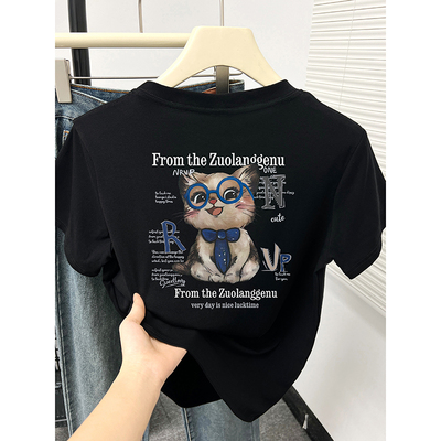 可爱猫咪印花圆领正肩短袖t恤女装春夏季2025新款韩版小个子上衣