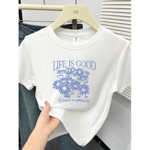 韩版正肩花朵印花短袖t恤女2026夏季新款胖mm大码百搭圆领上衣服