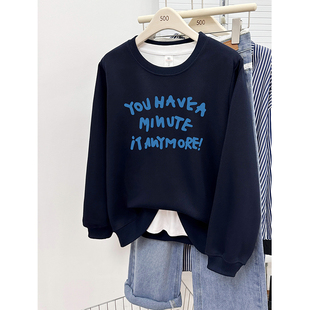 长袖 字母印花宽松大码 上衣 韩版 深蓝色圆领正肩卫衣女2025秋冬新款