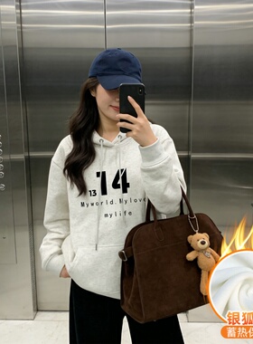 白灰色连帽卫衣女2026秋冬季加绒加厚韩版宽松大码休闲套头上衣潮