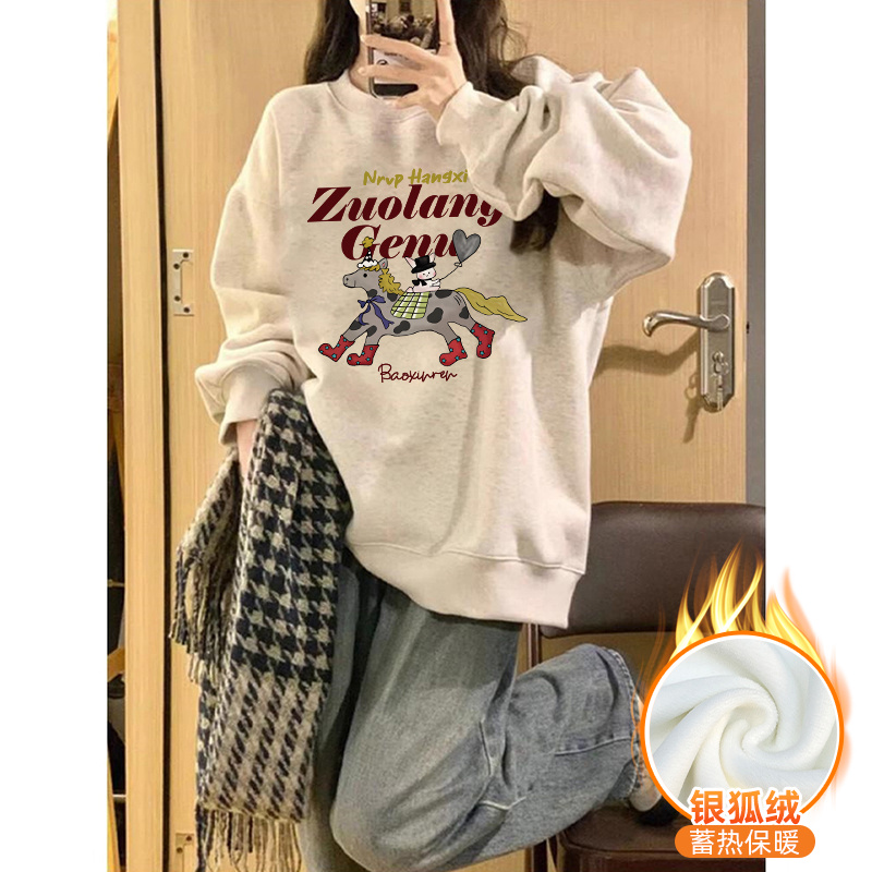 白灰色圆领卫衣女款秋冬季加绒加厚胖mm宽松大码无帽套头衫上衣潮