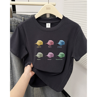 深灰色短袖T恤女夏季设计感休闲时尚正肩创意帽子印花半袖上衣潮