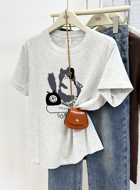 2026新款白灰色圆领正肩短袖t恤女韩版胖mm大码洋气显瘦半袖上衣