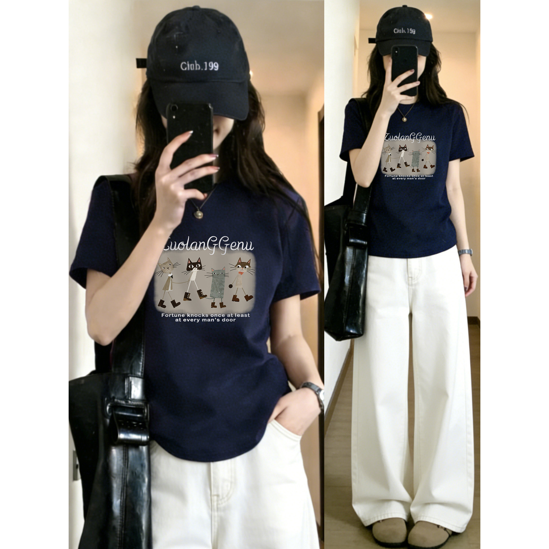 正肩短袖T恤胖MM大码女装韩版时尚设计感小猫印花圆领半袖上衣夏