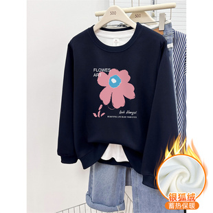 套头上衣潮 花朵印花宽松大码 正肩胖mm卫衣女秋冬款 加绒加厚韩版