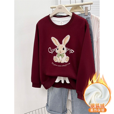 酒红色洋气兔子印花圆领正肩卫衣女秋冬胖mm大码时尚加绒加厚上衣