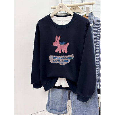 加绒加厚圆领正肩卫衣女2025秋冬新款韩版慵懒风宽松大码长袖上衣