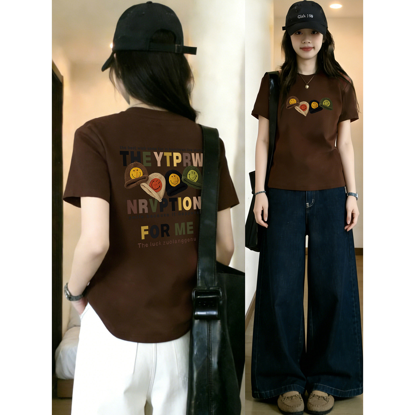 棕色圆领正肩短袖t恤女装爆款胖mm时尚大码帽子前后印花半袖上衣