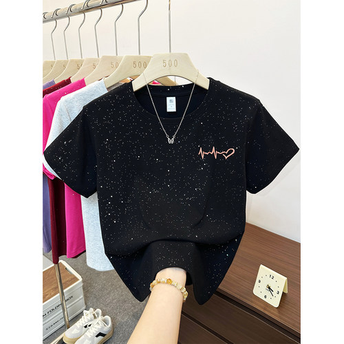 时尚洋气设计感满天星正肩短袖T恤女装大码胖mm夏季休闲圆领上衣