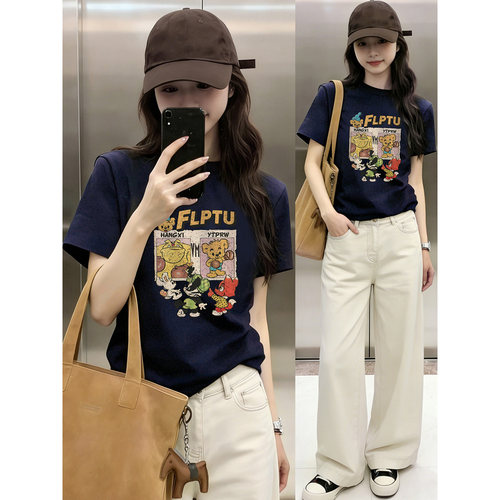 韩版趣味卡通印花大码正肩短袖T恤女时尚休闲夏新款半袖圆领上衣