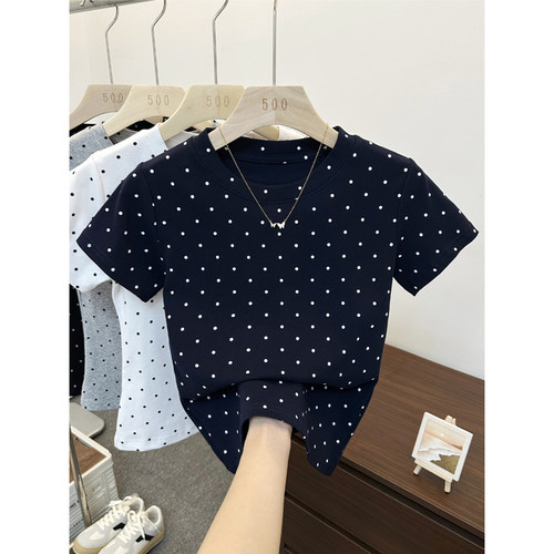 夏季新款正肩波点短袖t恤女装韩版设计感修身收腰短款圆领上衣ins