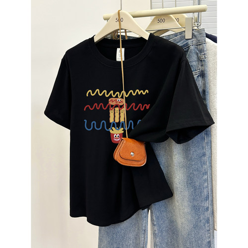 正肩遮肚子藏肉百搭t恤小众印花夏季新款短袖女200斤大码半袖上衣