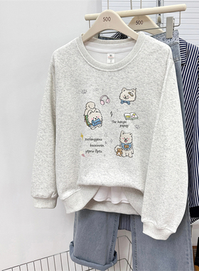 白灰色圆领洋气小狗印花正肩卫衣女秋冬胖mm宽松大码加绒加厚上衣