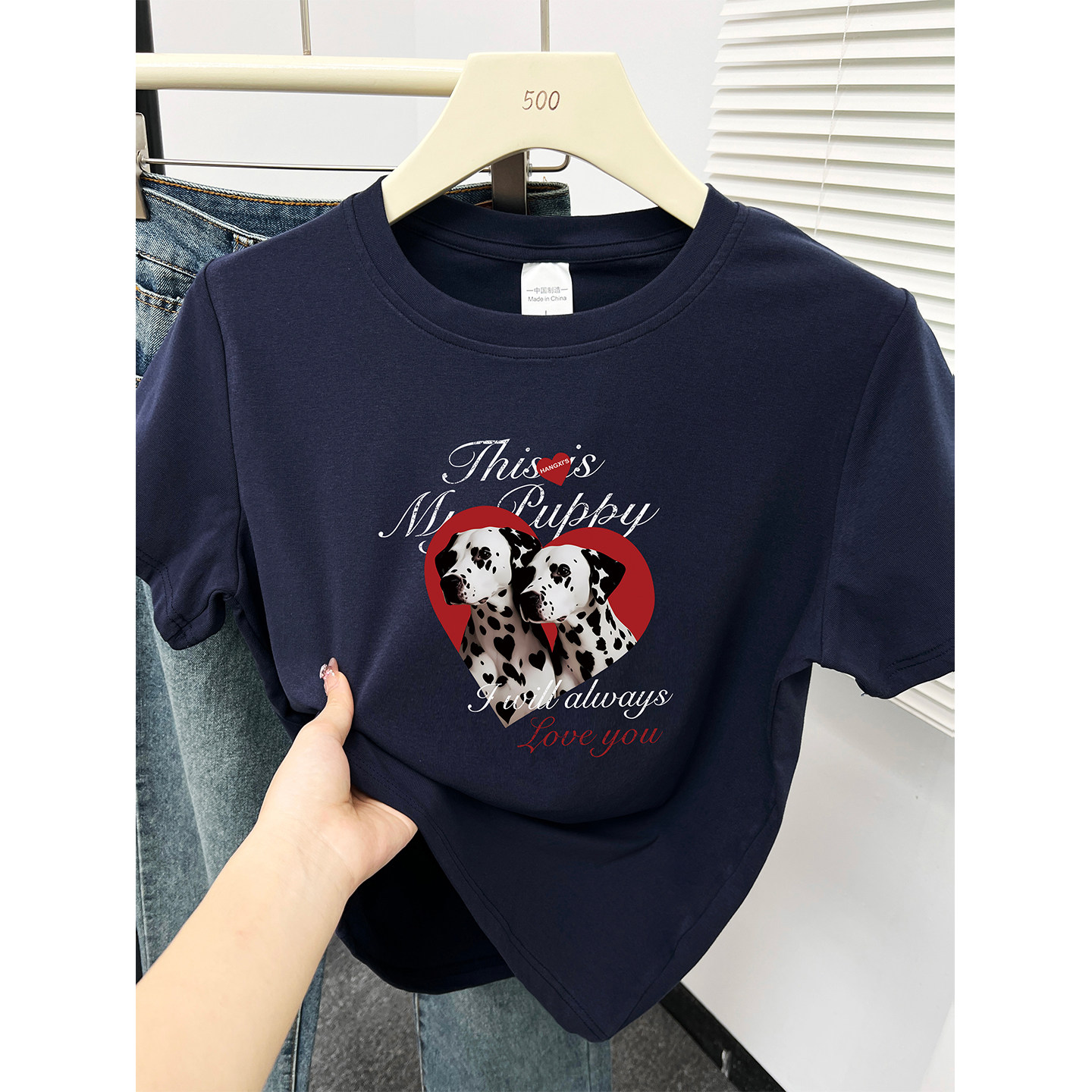 藏蓝色斑点狗印花正肩短袖T恤女装大码显瘦洋气圆领设计感上衣潮
