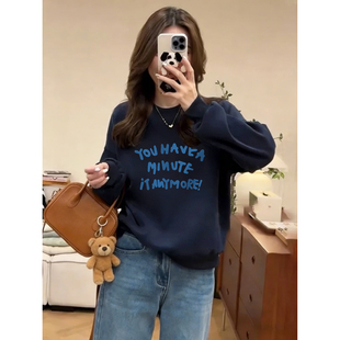 上衣 胖MM宽松字母印花长袖 韩系慵懒风圆领正肩卫衣女秋冬新款 大码