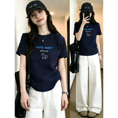 韩版藏蓝色正肩短袖t恤女夏季胖mm大码遮肉百搭圆领设计感上衣潮