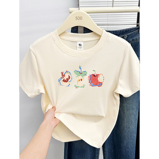 正肩圆领短袖T恤女夏季新款韩版小清新趣味印花百搭大码显瘦上衣