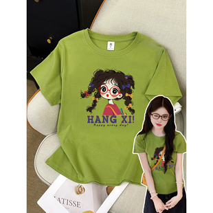 t恤女款 新款 爆款 夏季 200斤减龄洋气印花显瘦上衣 2025新款 正肩大码