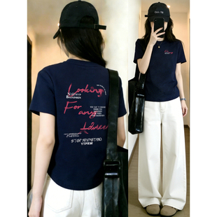 胖mm大码 t恤女2026春夏新款 字母前后印花上衣 正肩藏蓝色短袖 韩版