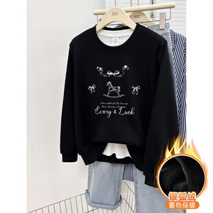 新款 冬季 慵懒风宽松显瘦上衣 设计感印花圆领卫衣女装 胖mm正肩大码