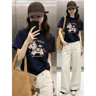 藏蓝色正肩短袖t恤女春夏2026新款小马印花胖mm大码洋气圆领上衣