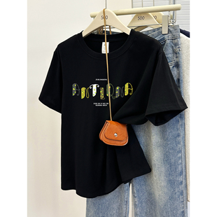 正肩200斤短袖女款爆款2025新款大码遮肚子潮牌字母印花夏季上衣