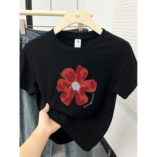 黑色花朵印花正肩短袖T恤女装2026夏季新款大码显瘦圆领休闲上衣