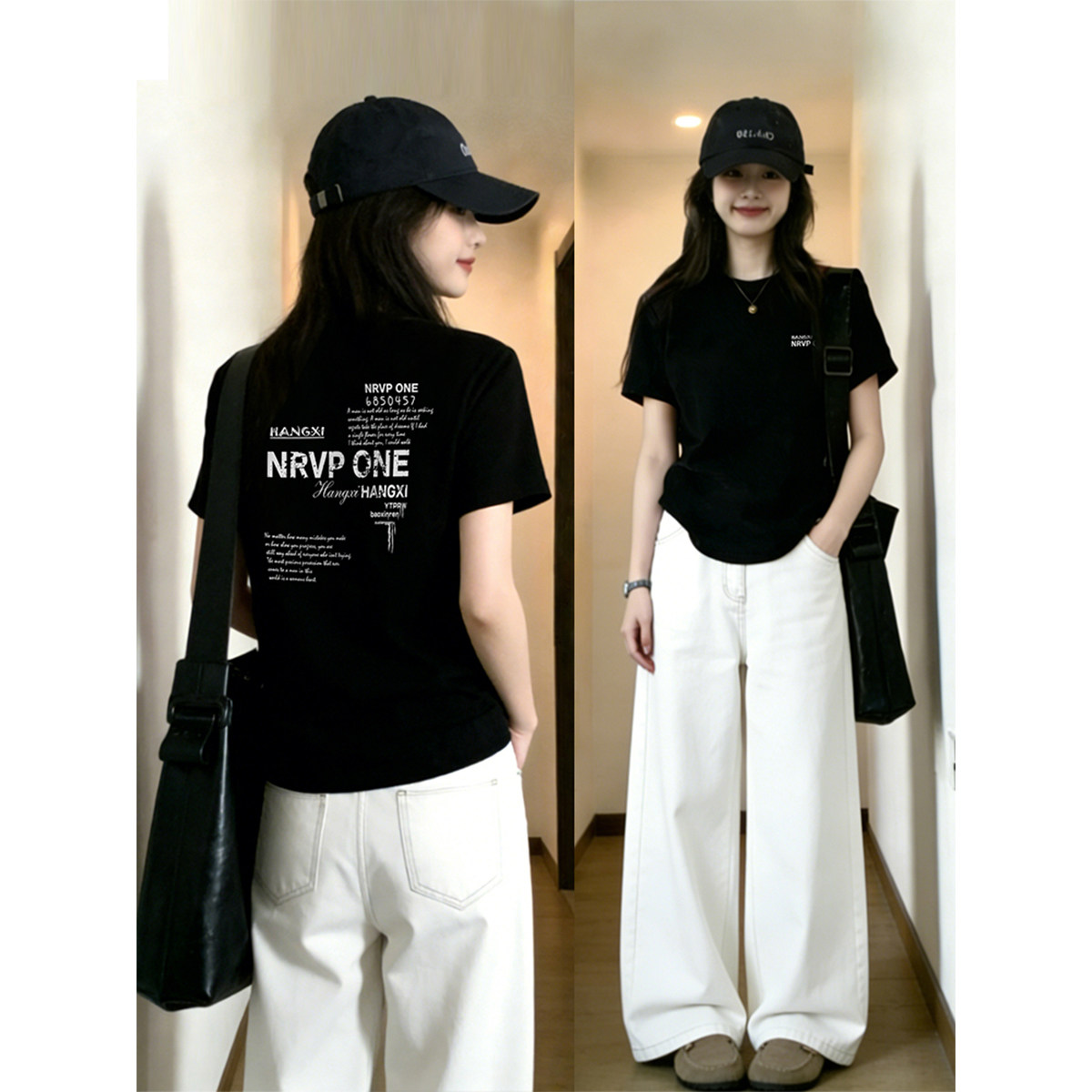 黑色百搭字母前后印花正肩短袖t恤女2026夏新款胖mm大码时尚上衣图片