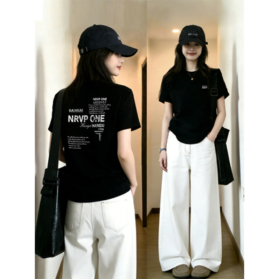 黑色百搭字母前后印花正肩短袖t恤女2026夏新款胖mm大码时尚上衣
