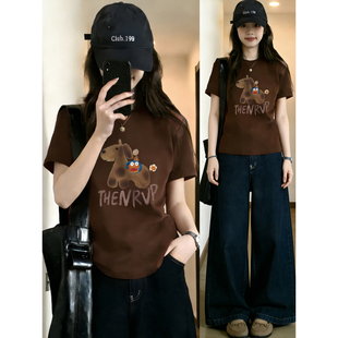 上衣 洋气小狗印花设计感百搭圆领半袖 棕色正肩短袖 t恤女胖mm大码