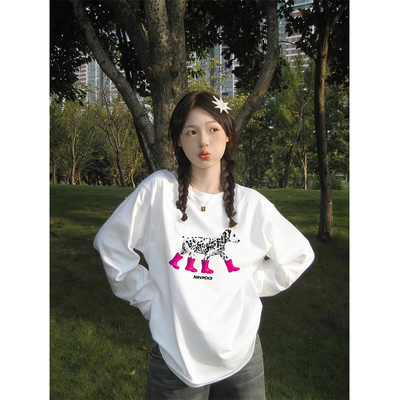 白色斑点狗印花长袖t恤女秋冬季纯棉打底衫宽松大码圆领外穿上衣