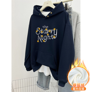 设计感上衣 加绒加厚潮流大码 韩版 花朵字母印花纽扣连帽卫衣女冬季