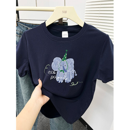 藏蓝色正肩大码短袖t恤女早春新款胖mm韩版设计感洋气圆领遮肉上