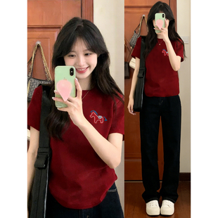 胖mm遮肚显瘦新年红本命年圆领小马上衣潮 大码 正肩短袖 t恤女夏季